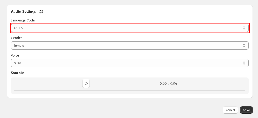 Language code dropdown menu